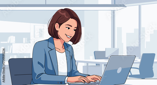Professional business woman smiling while working on a laptop in a modern office environment, illustrating productivity and success in corporate settings