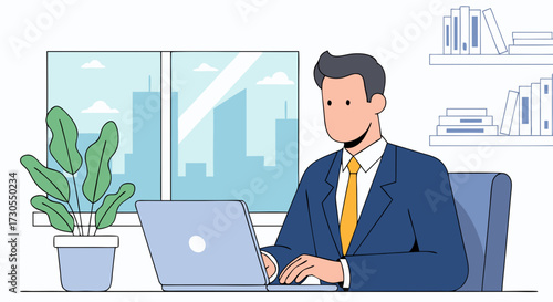 A focused businessman in a suit diligently typing on a laptop in a modern office with a city view and potted plant on the desk