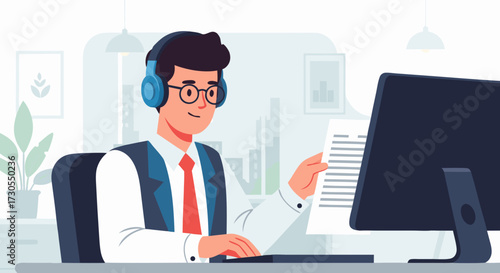 A person wearing headphones is looking at a document while sitting in front of a computer screen in a bright office setting