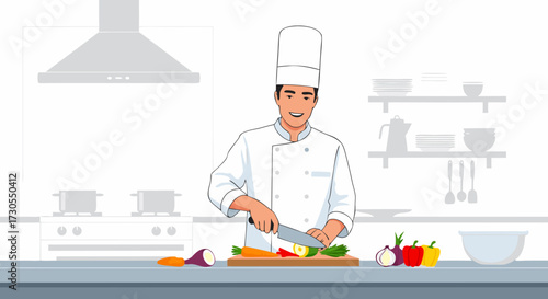 Skilled chef in a professional kitchen expertly chopping fresh vegetables on a cutting board, preparing a healthy meal