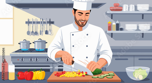 A smiling male chef in a white uniform meticulously chops fresh vegetables on a wooden cutting board in a well-lit commercial kitchen