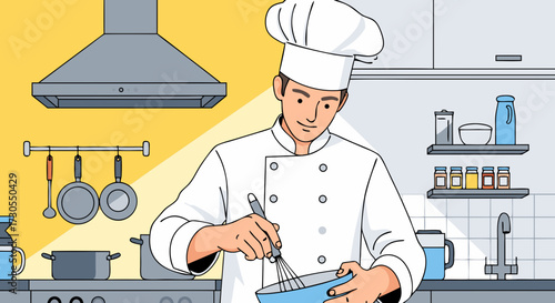 Skilled male chef wearing a chef's hat and uniform whisks ingredients in a blue bowl in a bright, well-equipped professional kitchen