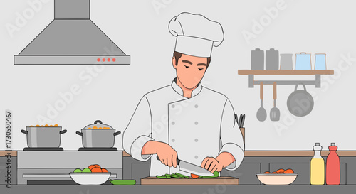 A professional chef in a white uniform meticulously chopping fresh vegetables on a wooden cutting board in a brightly lit, modern kitchen setting