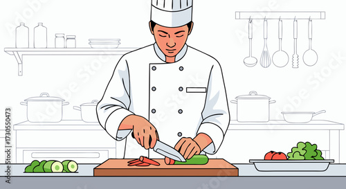 Professional chef in a white uniform skillfully chopping vegetables on a wooden cutting board in a kitchen with cooking utensils in the background