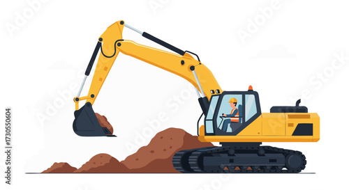 Construction excavator vehicle working on a dirt pile, heavy machinery in action, site development, and industrial equipment
