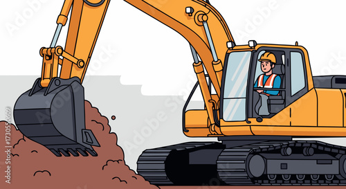 An excavator operator carefully maneuvers the heavy construction equipment, digging into a mound of dirt with its powerful bucket on a sunny day