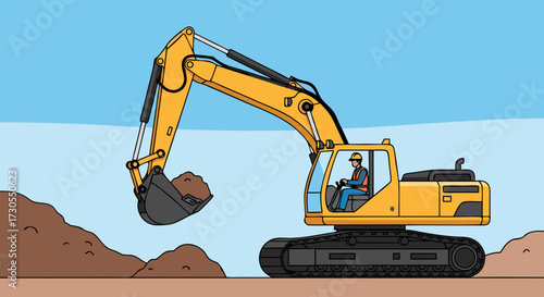 Illustration of a yellow excavator with a bucket full of dirt digging into a mound of soil on a construction site with a blue sky in the background