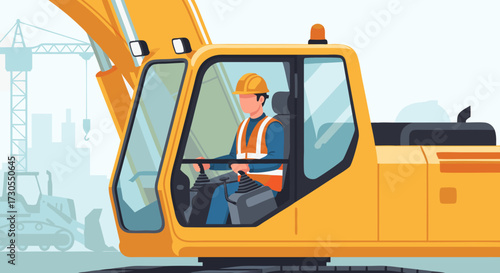 Construction worker operating an excavator in a busy industrial site with cranes in the background, representing heavy machinery and infrastructure development