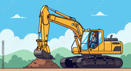 Illustration of a yellow excavator in action, digging a mound of earth on a construction site under a blue sky with clouds