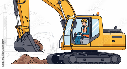 Yellow excavator with a driver working on a construction site, digging and moving dirt with its powerful arm and bucket