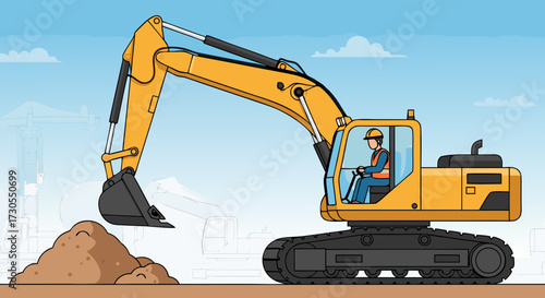 Yellow excavator digging dirt pile on construction site with machinery in background illustration