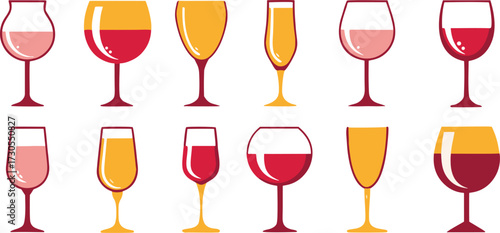 Colorful Wine Glass Vector Set – Red Wine, White Wine, Cocktail, and Party Drink Illustration