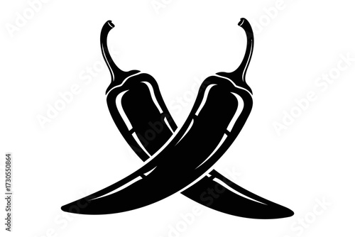 Minimalist black icon of two crossed chili peppers, a symbol of spice and heat for culinary design
