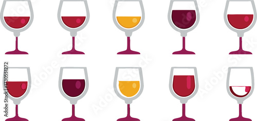 Colorful Wine Glass Vector Set – Red Wine, White Wine, Cocktail, and Party Drink Illustration