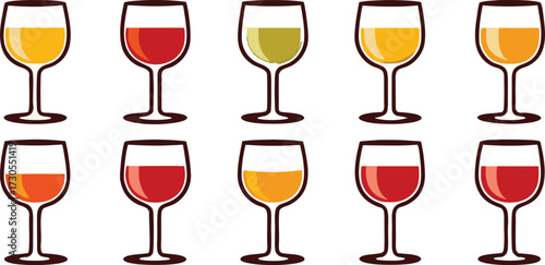 Colorful Wine Glass Vector Set – Red Wine, White Wine, Cocktail, and Party Drink Illustration