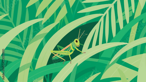 Illustration Of A Green Grasshopper Hiding In The Leaves Of Tall Grass Vector Design Template