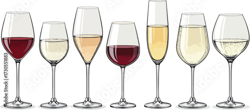 Colorful Wine Glass Vector Set – Red Wine, White Wine, Cocktail, and Party Drink Illustration