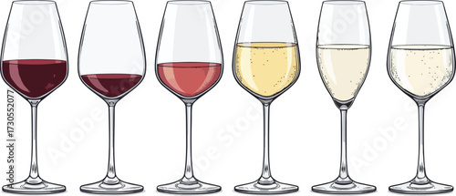 Colorful Wine Glass Vector Set – Red Wine, White Wine, Cocktail, and Party Drink Illustration