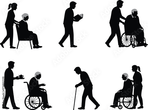 Collection of male and female volunteers helping senior man in a wheelchair, providing care, assistance, and support.