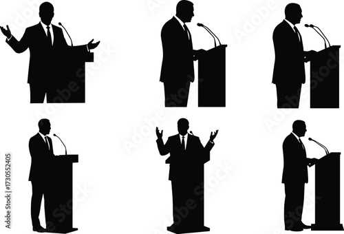 Collection of male speaker silhouettes, talking at a podium with microphones, for political, business, and educational presentations.