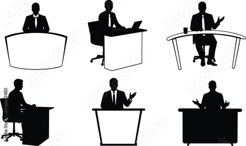 Collection of male presenter and businessman silhouettes, sitting at desks and tables for conferences, meetings, or interviews.