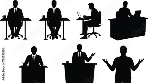 Collection of male presenter and businessman silhouettes, sitting at desks and tables for conferences, meetings, or interviews.