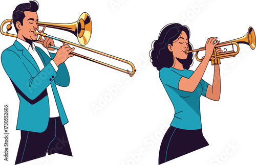 Musicians playing trumpet and trombone, jazz band performance, live music, brass instruments, musical duet, concert show, orchestra entertainment, professional performers