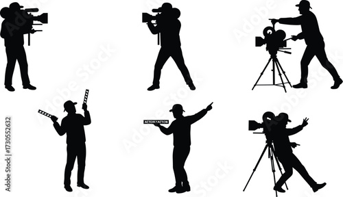 Collection of male filmmakers silhouettes, with vintage and modern cameras, directing and shooting a movie, black and white artistic.