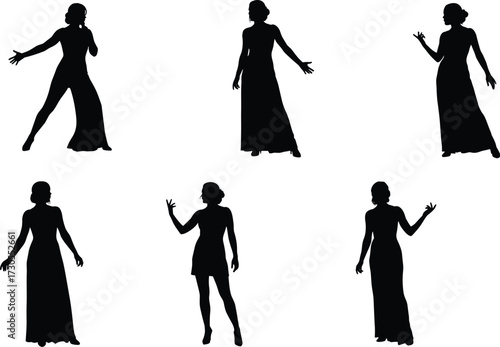 Collection of female singer silhouettes performing on a stage with dramatic spotlights, expressing emotion and energy in poses.