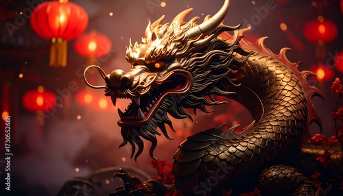 Golden dragon statue, festive atmosphere