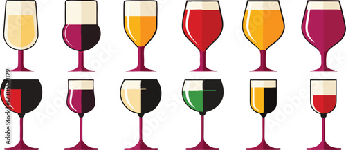 Colorful Wine Glass Vector Set – Red Wine, White Wine, Cocktail, and Party Drink Illustration