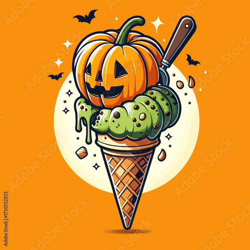Halloween-inspired ice cream cone topped with a pumpkin and green frosting, surrounded by bats