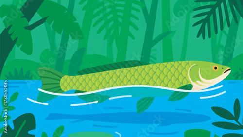 Illustration Of Arowana Fish Swimming In A Tropical Forest River In Southeast Asia Vector Design Template