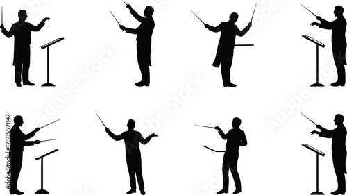 Collection of male orchestra conductors silhouettes, with a baton and music stand, showing various poses and expressions.