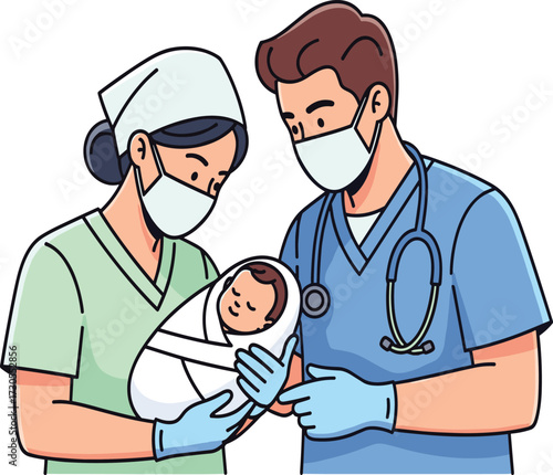 Doctors holding newborn baby in hospital, medical care, pediatric healthcare, childbirth support, neonatal care, professional staff, maternity, family health, protection