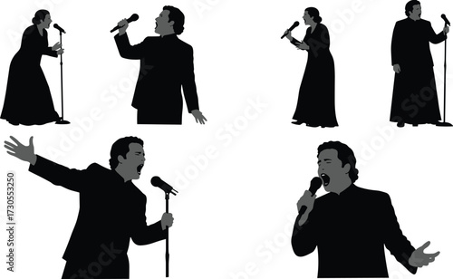Collection of male and female singers, full and half-body silhouettes with microphones, performers on stage expressing emotion.