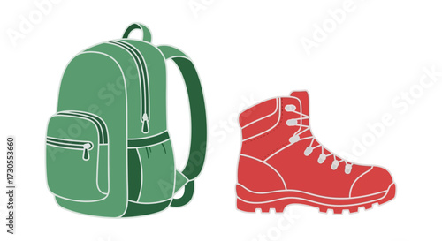 Illustration of a green backpack with pockets and a red hiking boot with laces, side view.