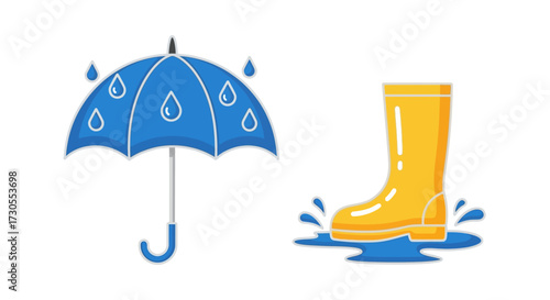 Cartoon illustration of a blue umbrella with raindrops and a yellow rubber boot splashing in a puddle.