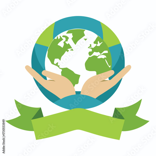 Hands holding a green earth globe with a ribbon banner