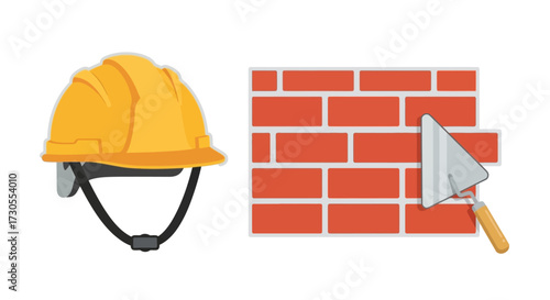 Construction worker's helmet and a brick wall with a trowel, illustrating building work.