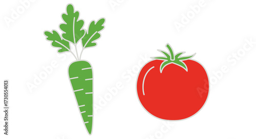 Simple illustration of a green carrot with leaves and a red tomato isolated on a white background.
