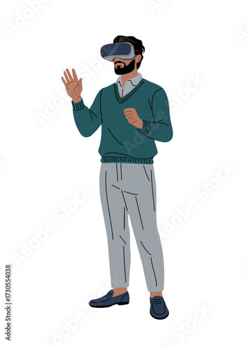 Flat vector illustration of bearded man in green sweater and gray pants standing full length, wearing VR headset, isolated on transparent background