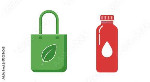 Green tote bag with leaf icon and a red bottle with a white drop, isolated on white.