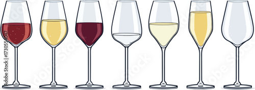 Colorful Wine Glass Vector Set – Red Wine, White Wine, Cocktail, and Party Drink Illustration