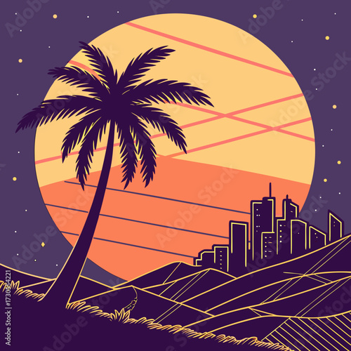 A solitary palm tree silhouette against a retro synthwave sun.