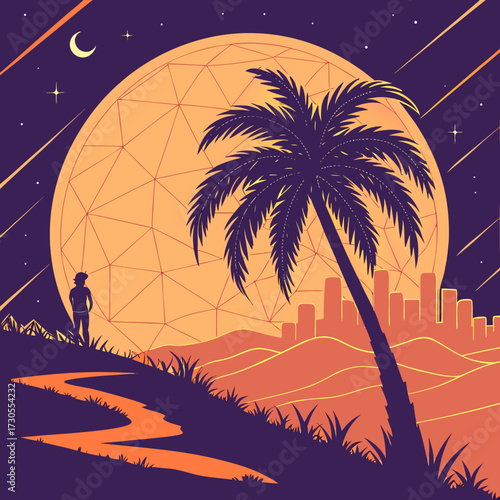 Silhouette of a person standing on a hill looking at a city skyline under a large moon.