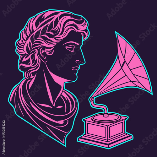Artistic depiction of a classical bust alongside a vintage gramophone.