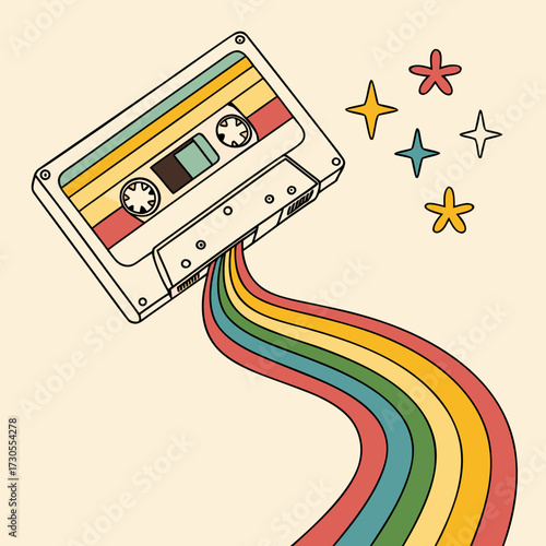 Retro Cassette Tape with Rainbow Stream and Stars.
