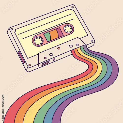 Retro cassette tape releasing a vibrant rainbow stream of colors.