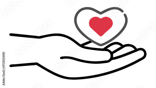 Elegant hand holding a heart symbol for charity, love, care, hope and support concepts in a modern, minimalist style appealing to a wide audience